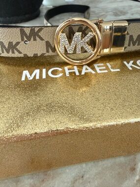 Michael Kors Black and Gold MK Logo Crystal Belt Reversible